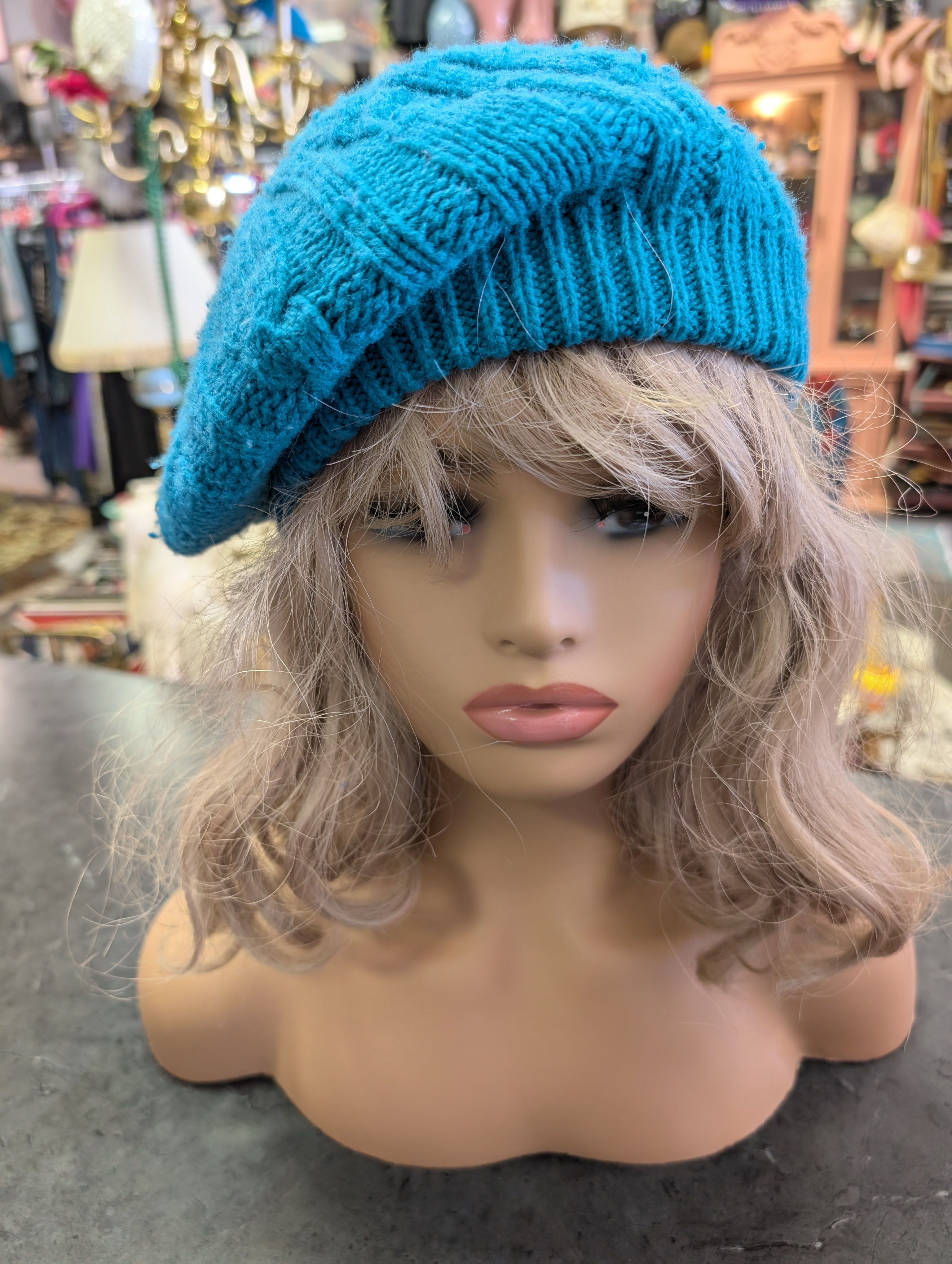 Teal Blue Acrylic Ladies Beanie Hat Knitted Thick Beret slouchy