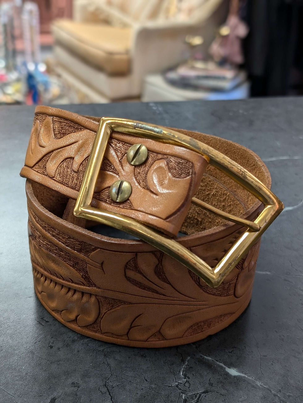 Thumbnail: Vintage Leather Tooled Light Brown Camel Belt Suede Brass Solid Buckle Waist