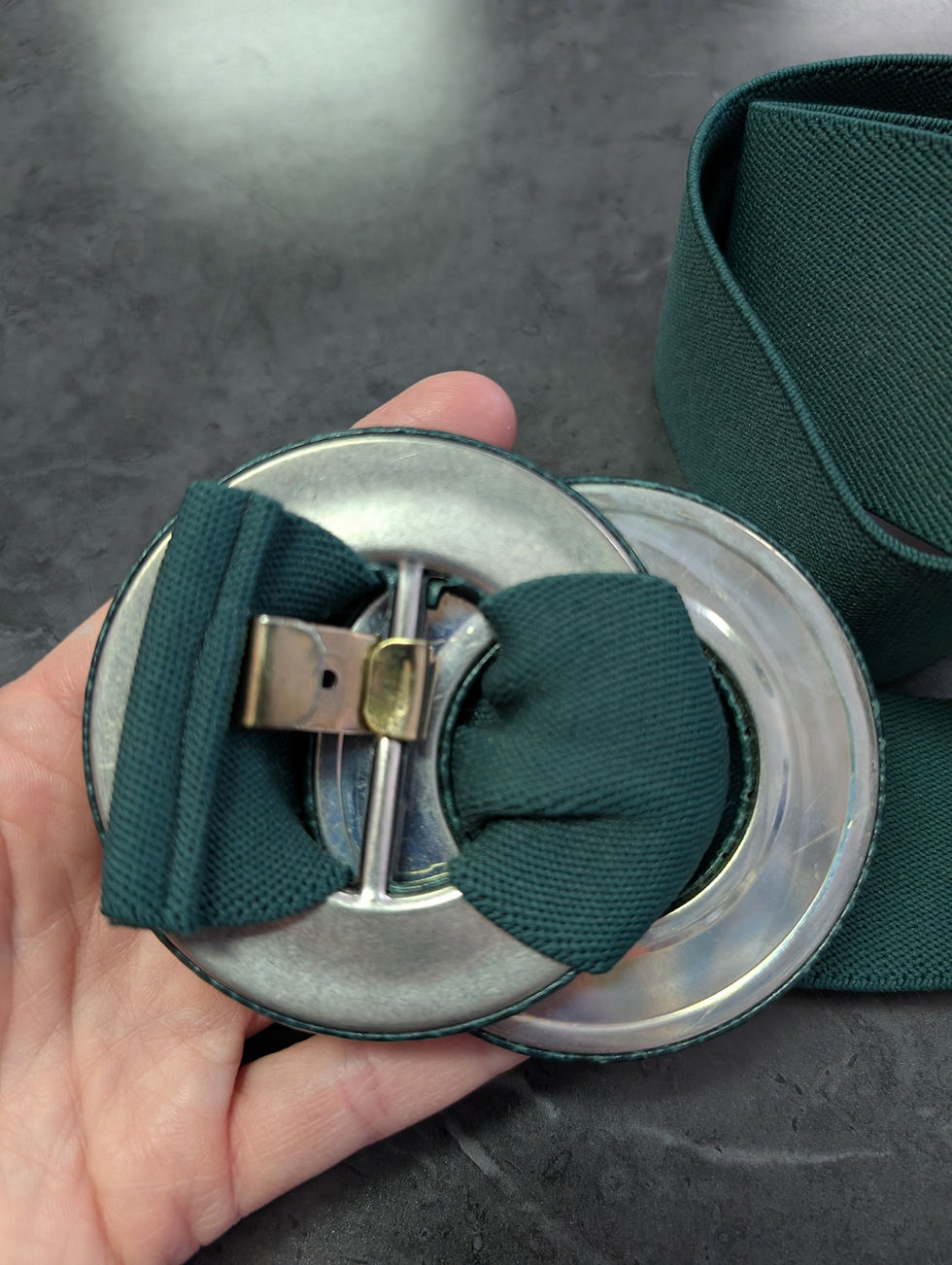 Thumbnail: Vintage 80s Green Dark Stretch Belt Leather buckle scales Adjustable Boss Lady