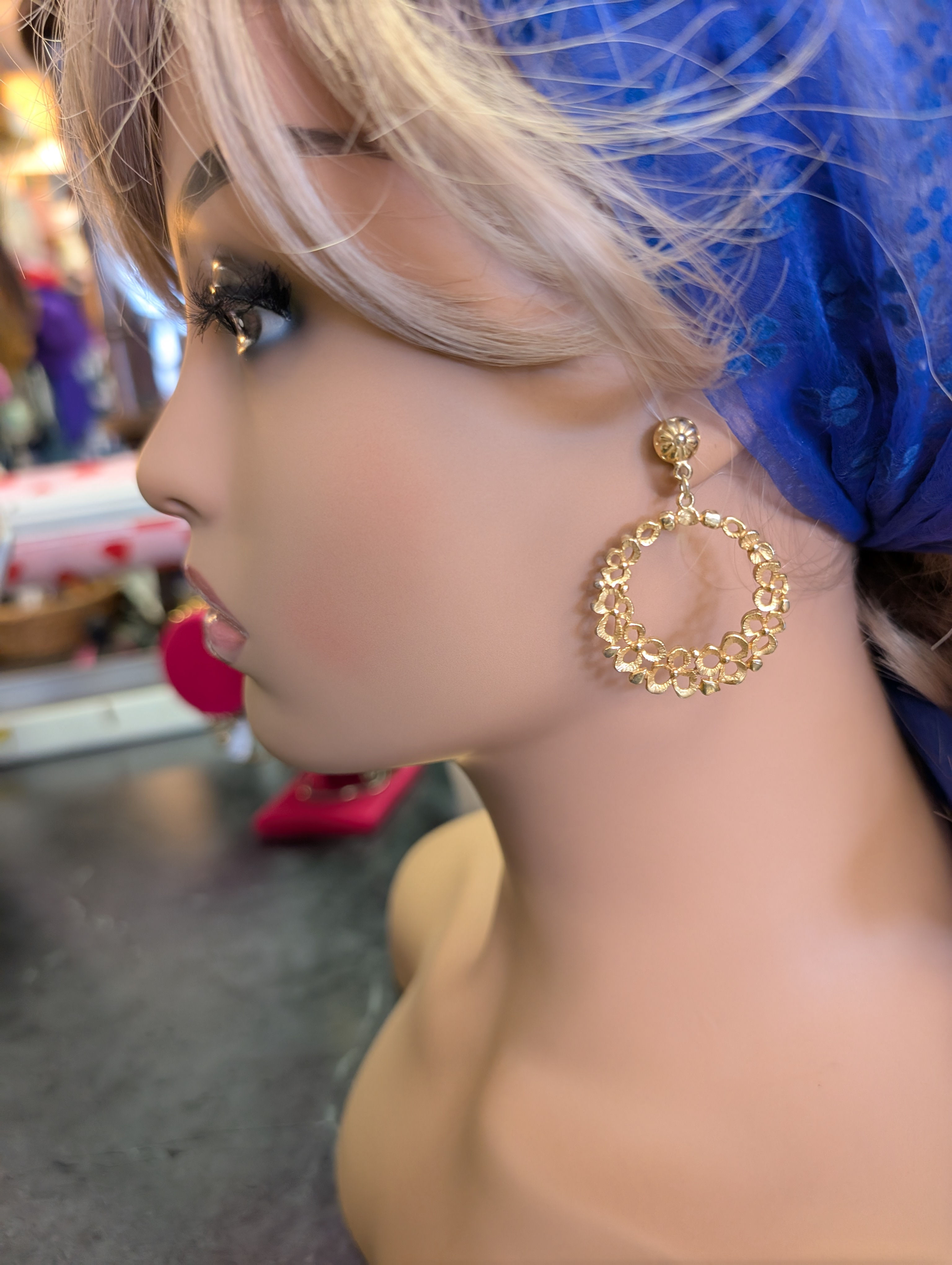 Pair of drop gold tone mod vibes 60's earrings pierced ears ornate flower power