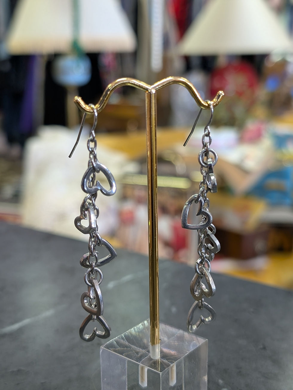 Thumbnail: Drop Hear Silver Tone chain earrings pierced ears dainty