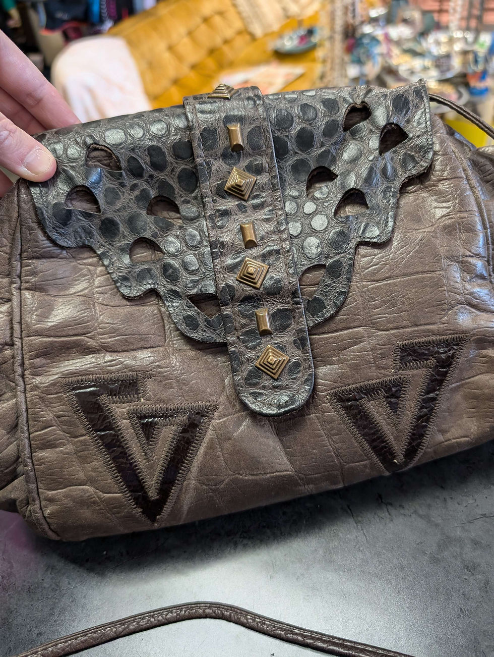 Thumbnail: Vintage Leather Ladies Studded pieced shoulder bag purse clutch crossbody brown