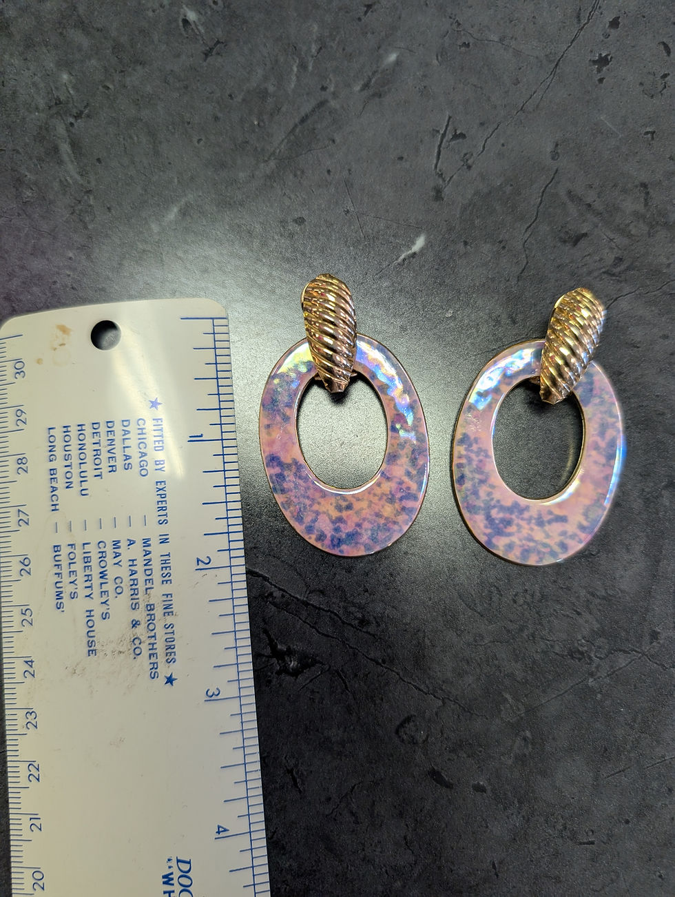 Thumbnail: Drop dangle earrings pink and purple gold tone clay art
