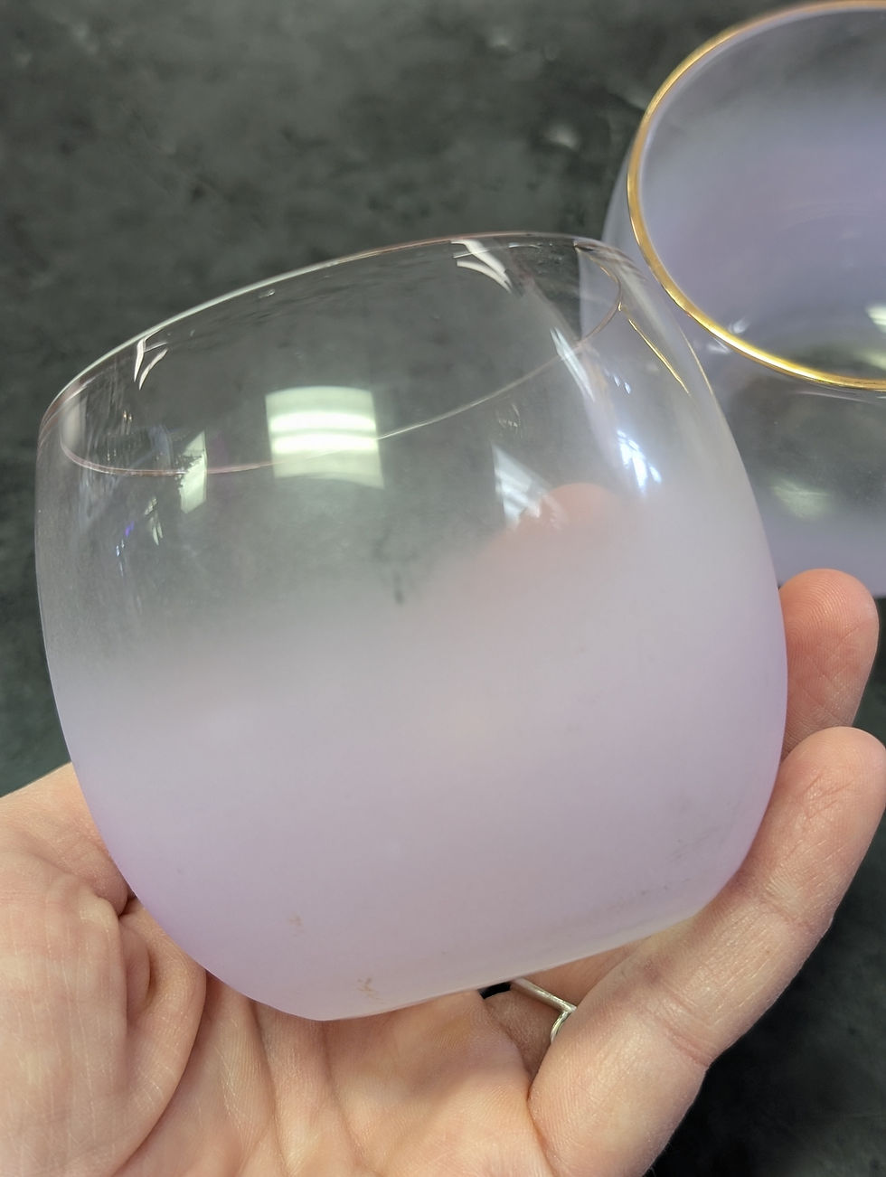 Thumbnail: Pair of Blendo 1950's MCM Pink lavender glasses small gold rim Roly Poly cups