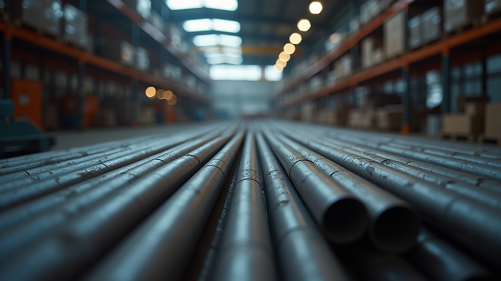 Eye-level view of steel rods stacked in a warehouse