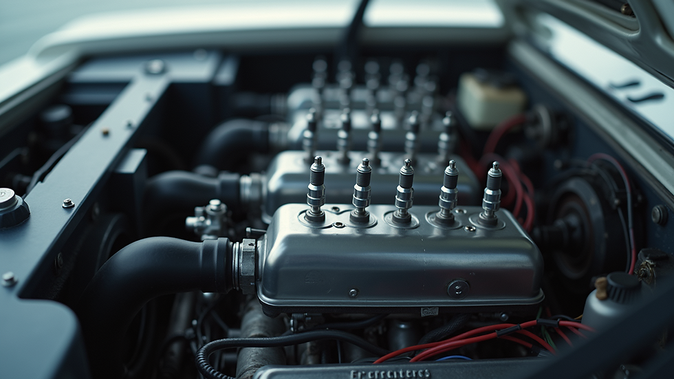 Close-up view of a boat engine with visible spark plugs and wiring