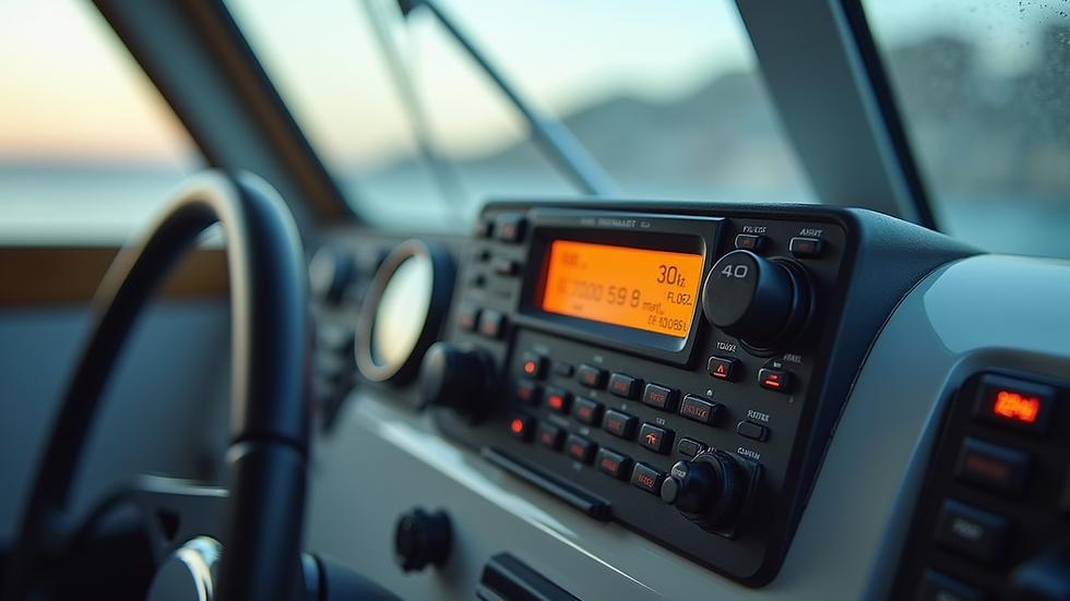 Eye-level view of a marine radio on a boat dashboard