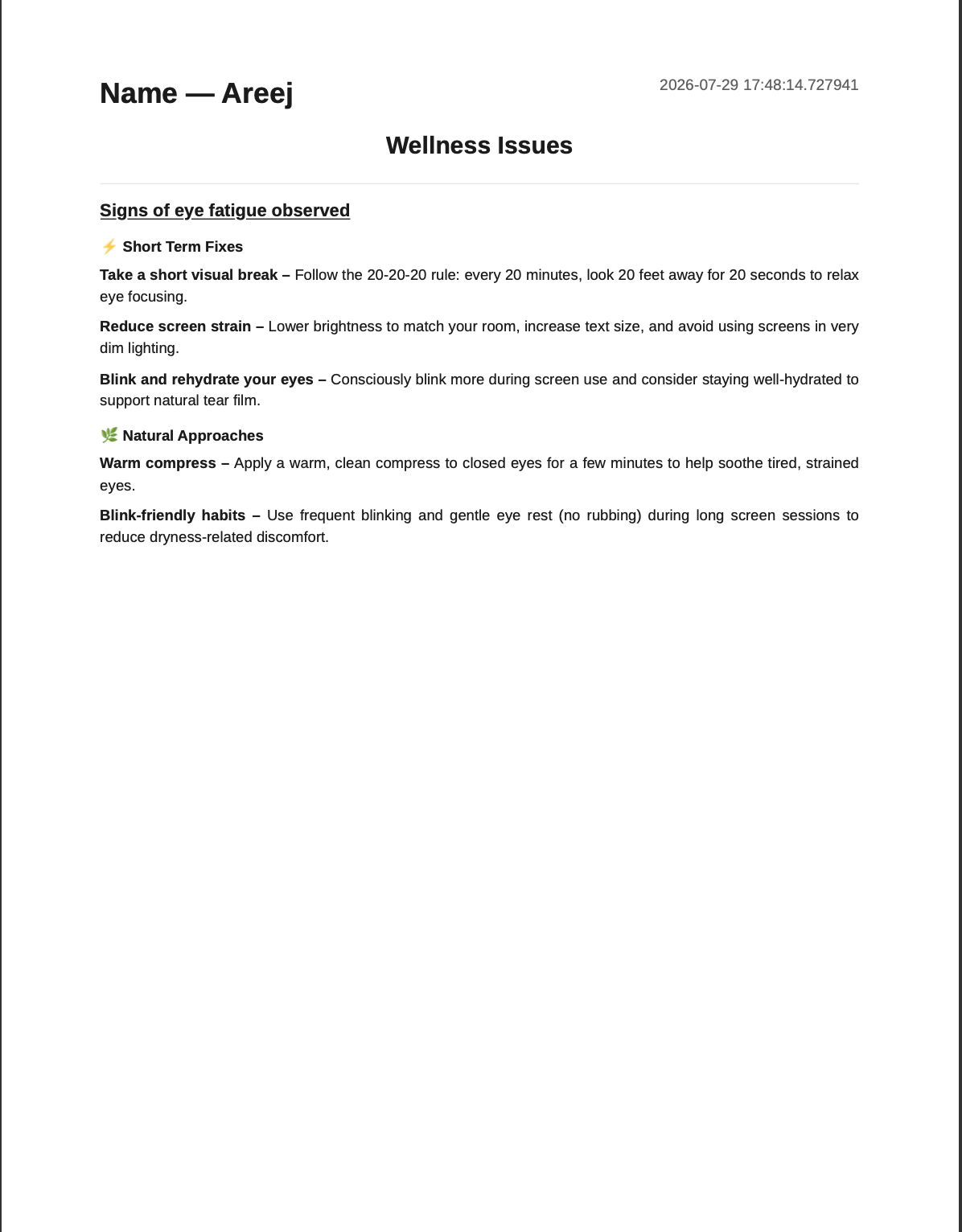 Exported FaceEcho health report