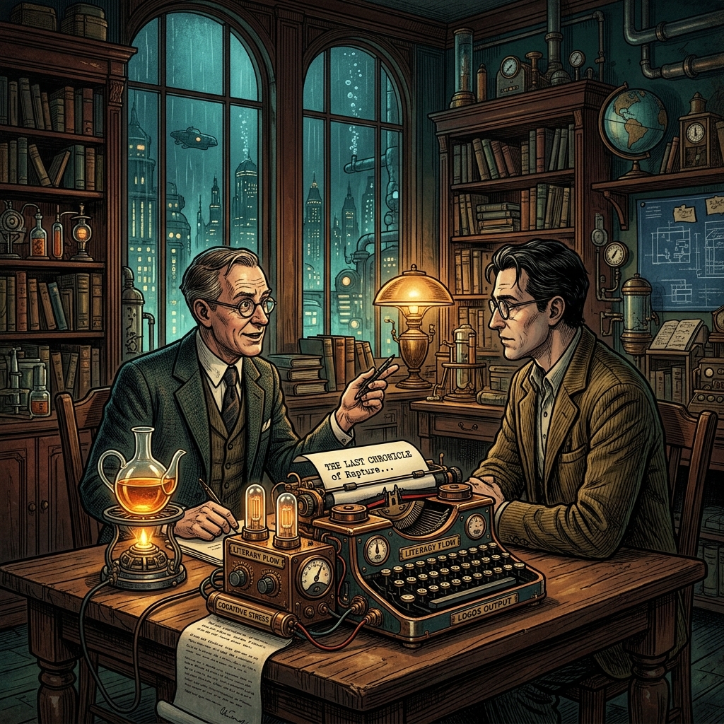 Dr Humphry Osmond and Aldous Huxley in a retro-futuristic laboratory study - The Origin Archives