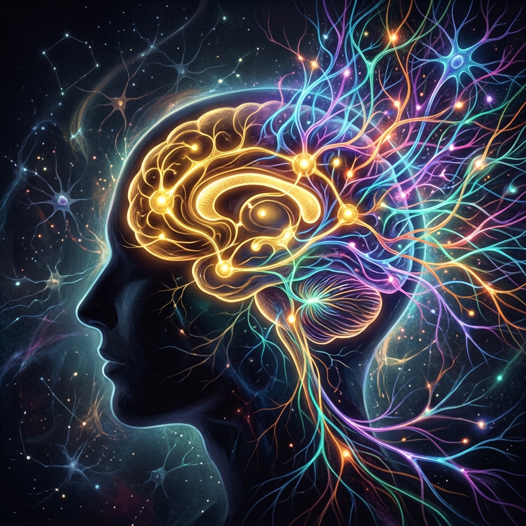 Vibrant interconnected brain pathways representing psilocybin neuroplasticity
