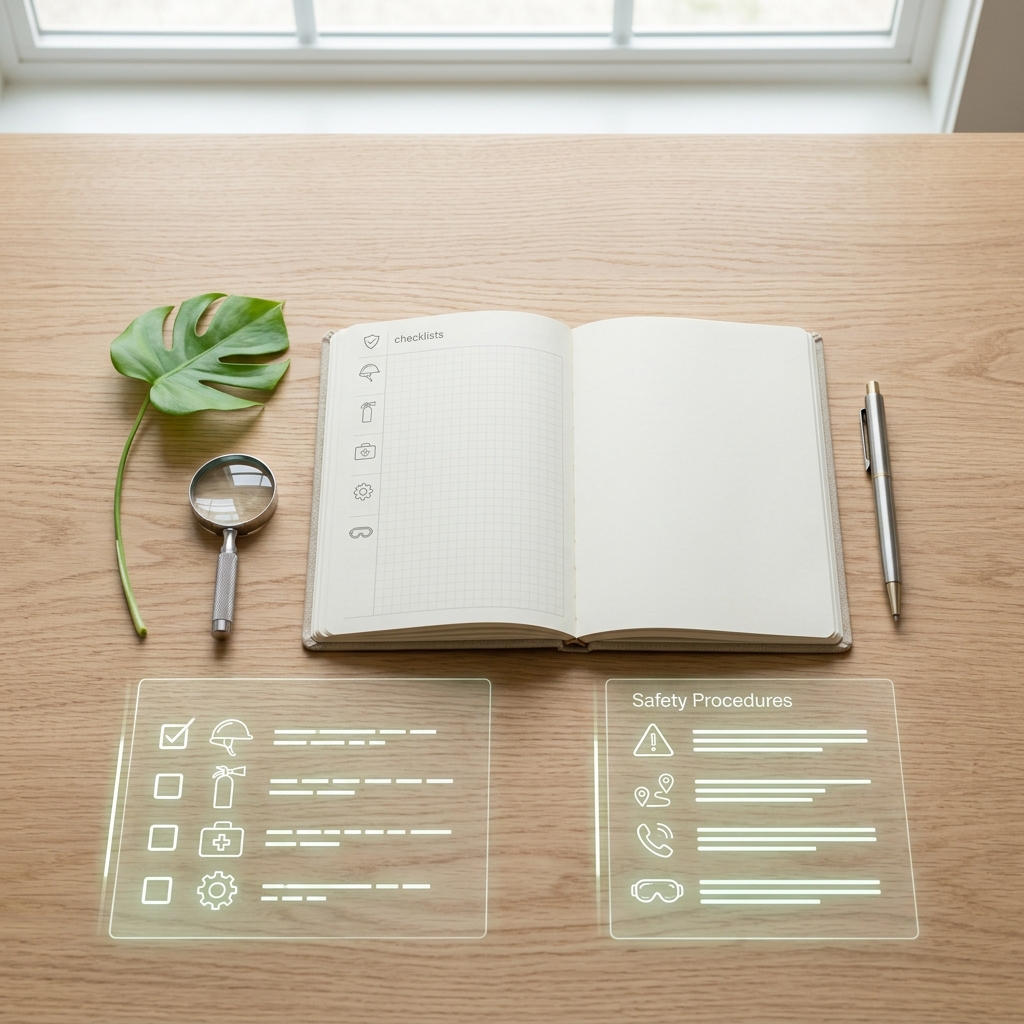 A safety checklist and notebook representing harm reduction tools