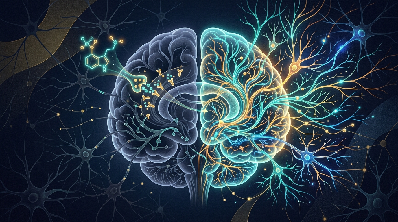 Neural connectome and 5-HT2A receptor illustration - What is Psilocybin and How Could it Help Depression by Isobel Jarvis