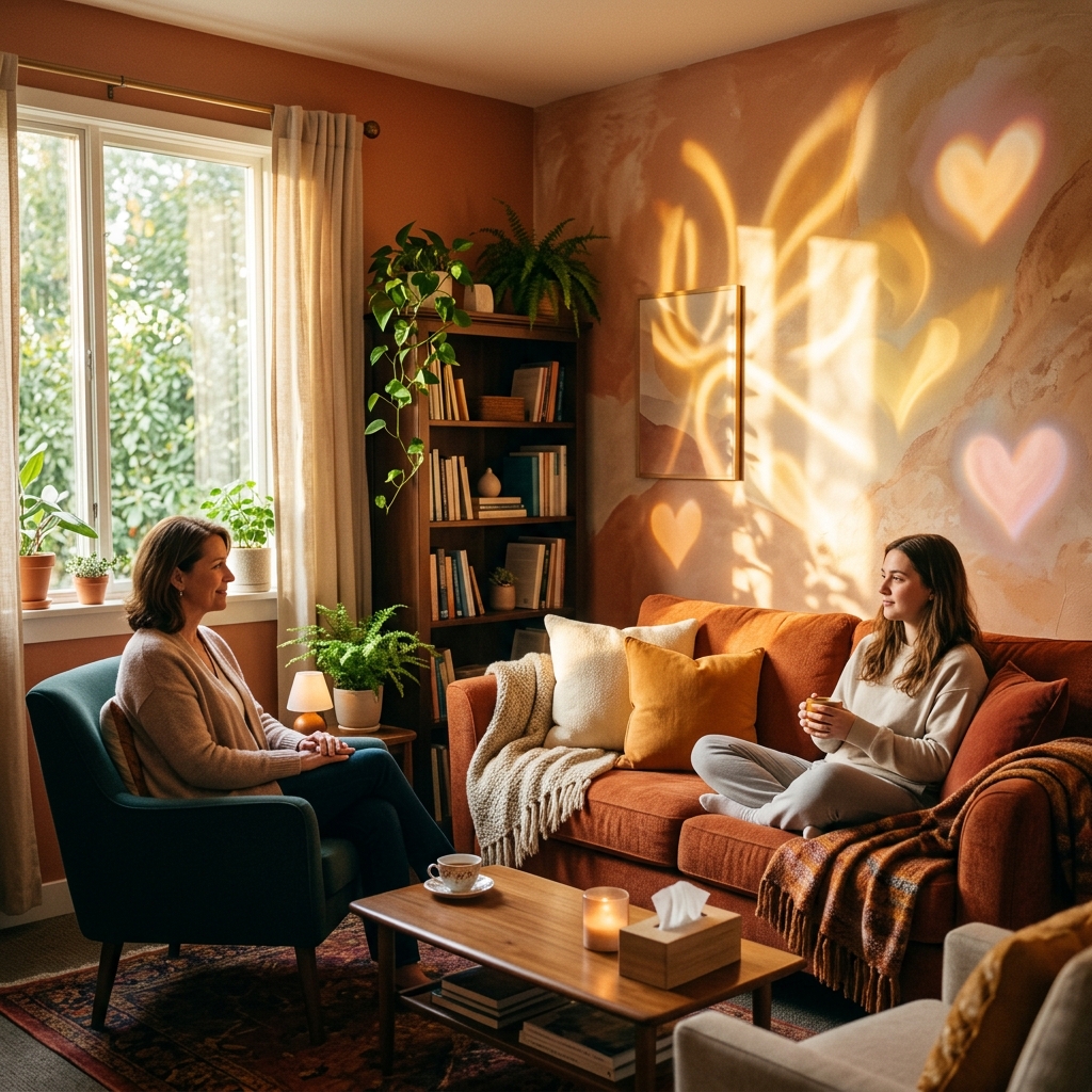 An empathetic therapy environment representing MDMA-assisted healing