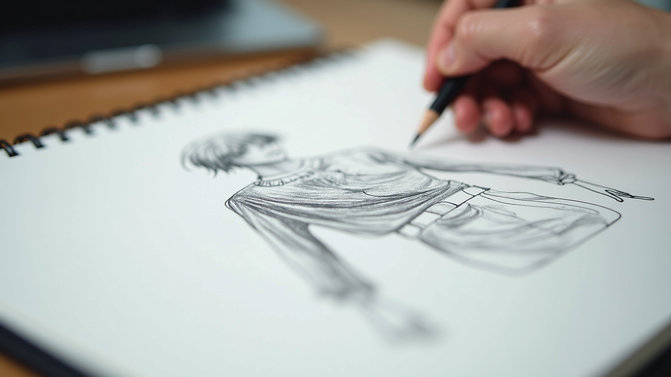Close-up view of a pencil sketch of a fashion model on a drawing pad
