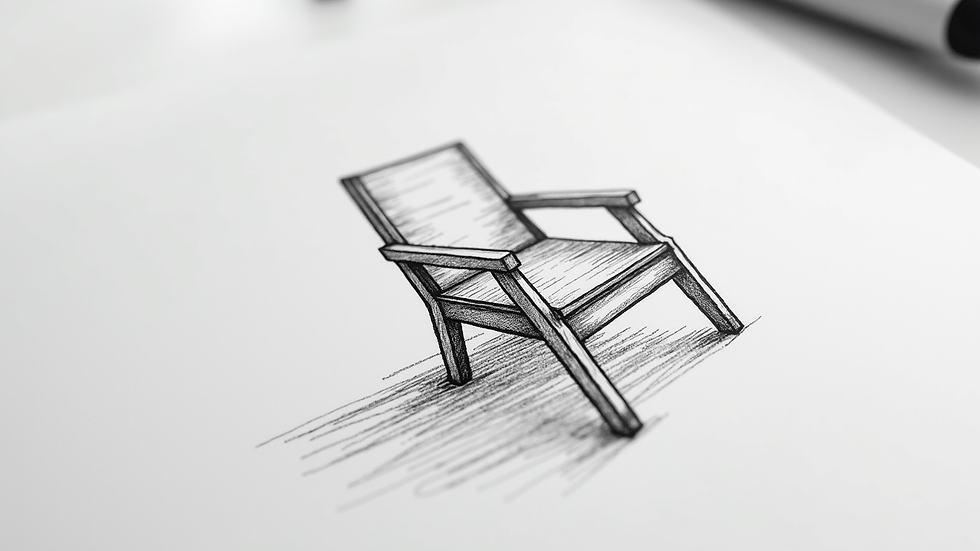 Close-up view of a pencil sketch showing perspective drawing of a chair