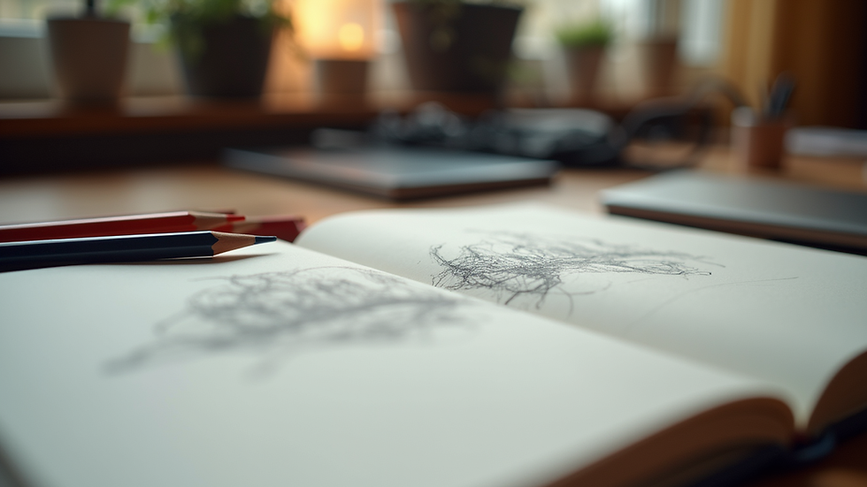 Eye-level view of a study desk with sketchbook and pencils