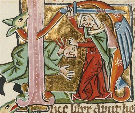 A medieval manuscript from c.1300 depicting Judith decapitating Holofernes