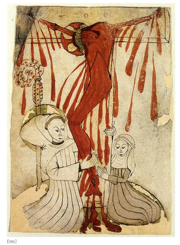 A monk and an abbess sit at the feet of a bloodied Christ