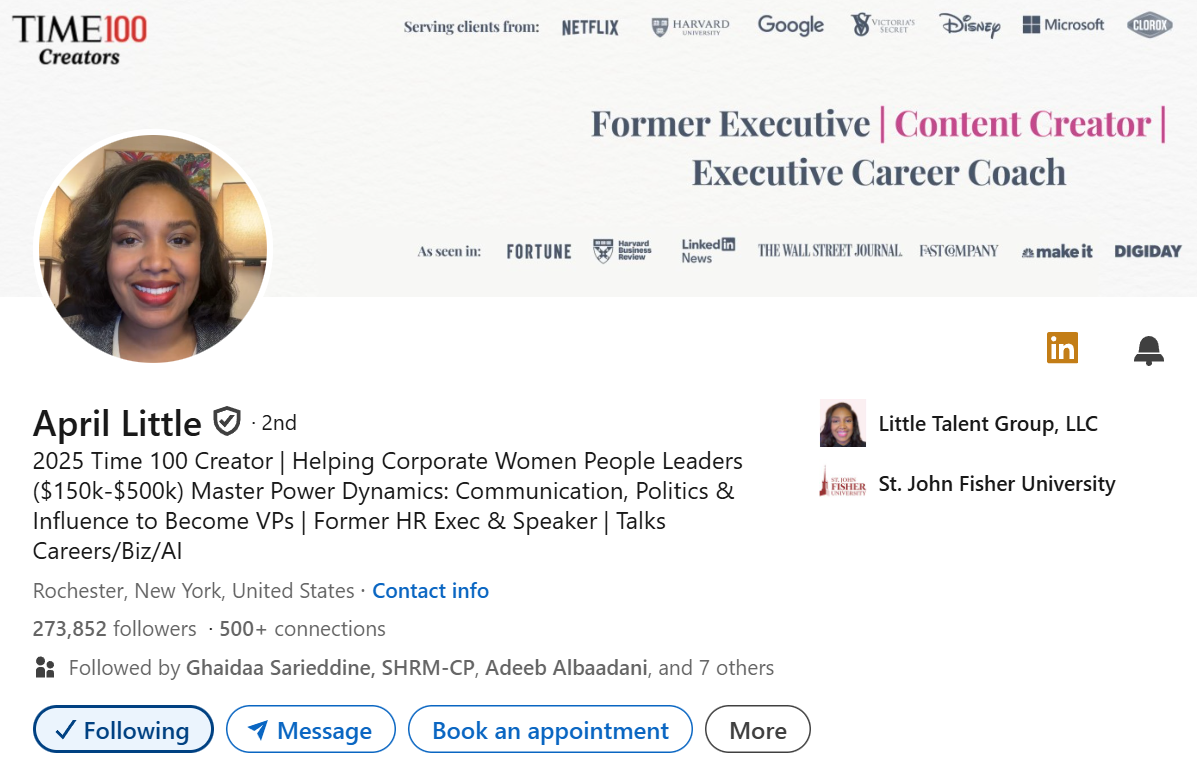 Screenshot from April Little's LinkedIn Profile