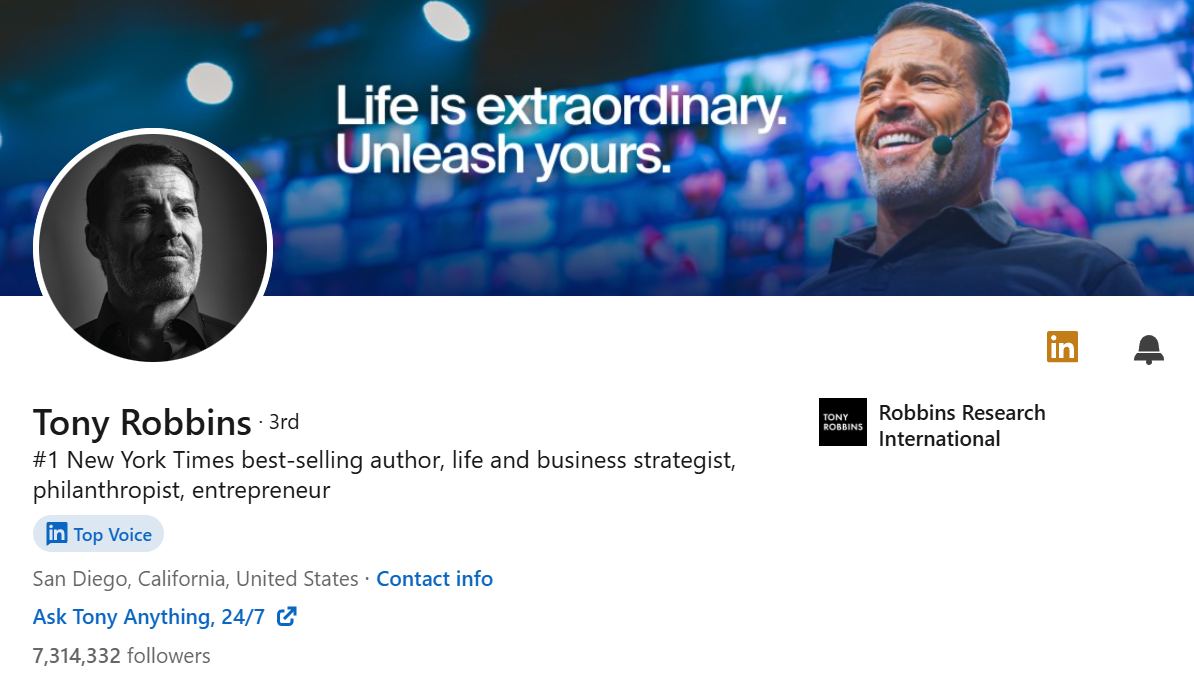 Screenshot of Tony Robbin's LinkedIn Profile