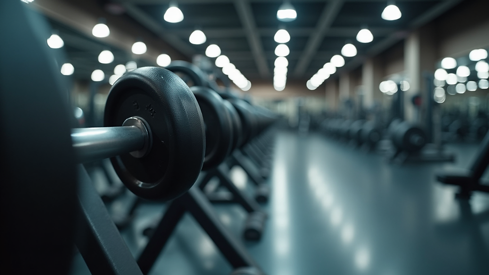 Close-up view of gym equipment arranged neatly