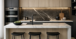 Minimalist fitted kitchen with granite surfaces and sleek cabinetry by Mellawood & Granites