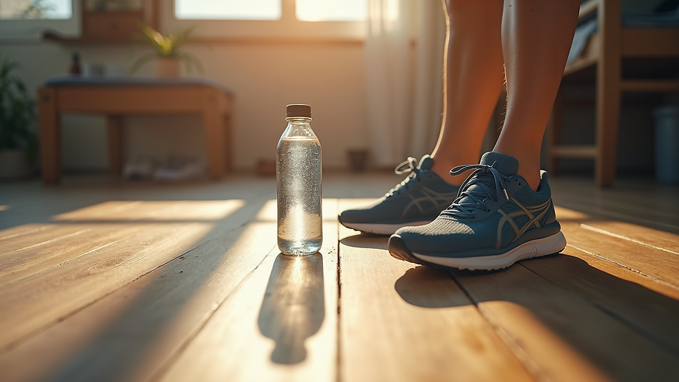 High angle view of water bottle and running shoes on wooden floor