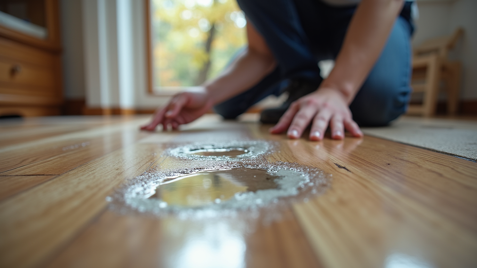 Eye-level view of a restoration technician inspecting water damage on a wooden floor