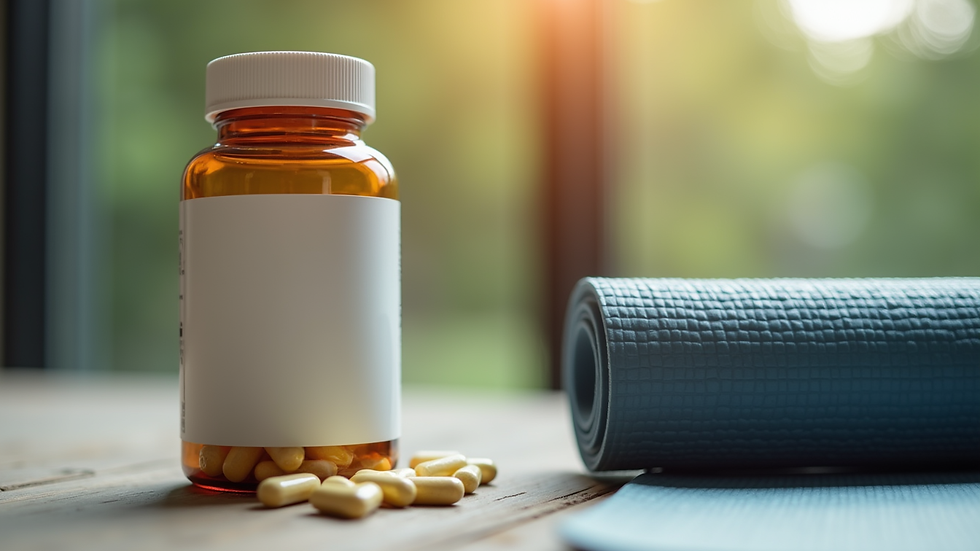 Close-up view of a bottle of nutritional supplements next to a yoga mat