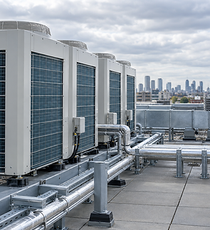 Commercial rooftop air-conditioning units with city view