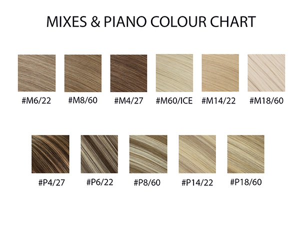 Luxury hair extension colour chart showing an extensive range of natural and blended shades.