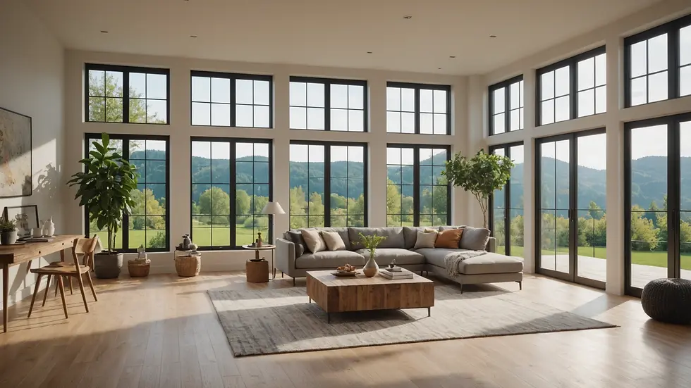 Eye-level view of large windows allowing natural light into a living area