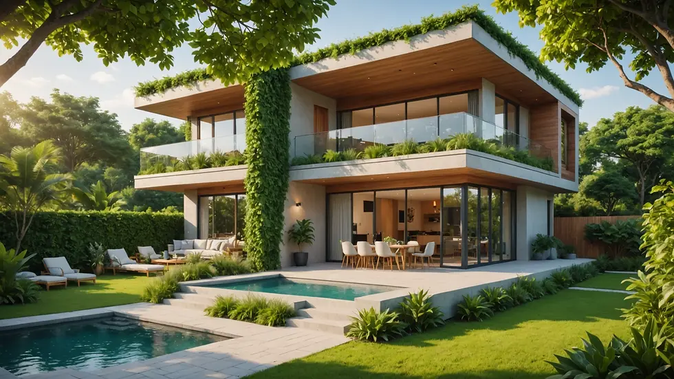 Wide angle view of a modern eco-friendly home with lush greenery