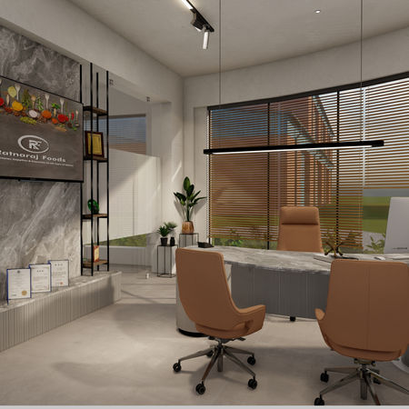 Executive office cabin interior with modern, professional design. The space features a curved marble-top desk paired with ergonomic chairs, facing a large window with wooden blinds that allow natural light. Behind the desk, a world map wall decor with clocks displaying New York, Paris, Moscow, and Tokyo time zones emphasizes global presence. Comfortable tan leather sofa seating with a center coffee table creates a welcoming lounge area. Indoor plants add greenery, while contemporary lighting fixtures and neutral-toned flooring complete the sophisticated, functional aesthetic of the cabin