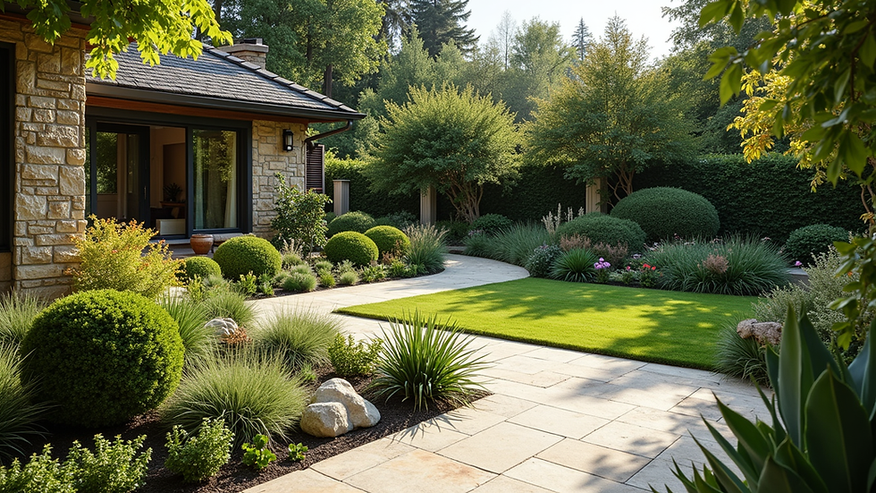 Wide angle view of a beautifully landscaped garden with diverse plants