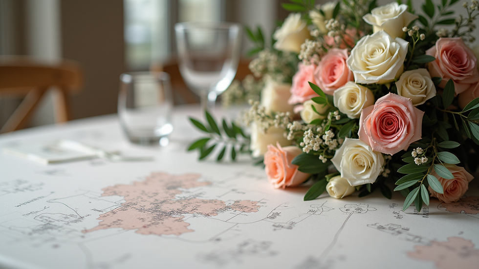 Plan rapproché d’un bouquet de fleurs posé sur une table décorée pour un mariage à Meaux