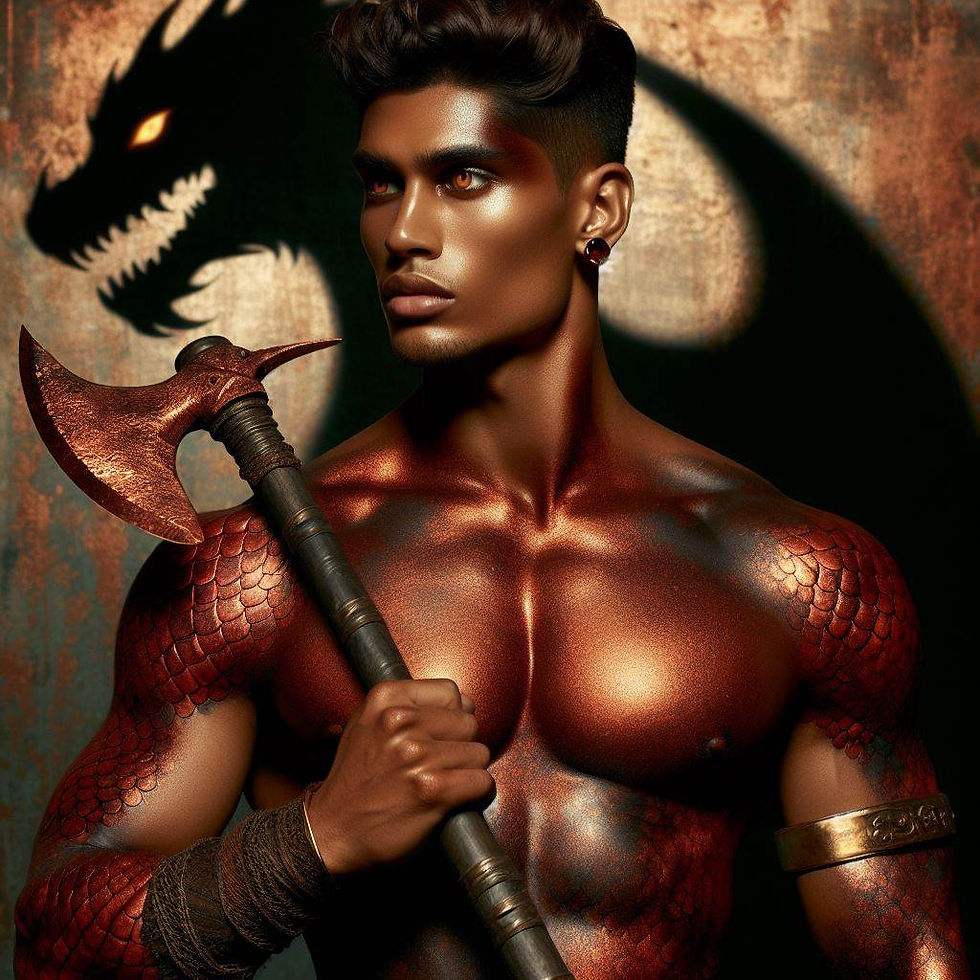 A muscular figure with metallic scales and holding an axe stands against a dragon shadow backdrop, exuding a fierce and powerful aura.