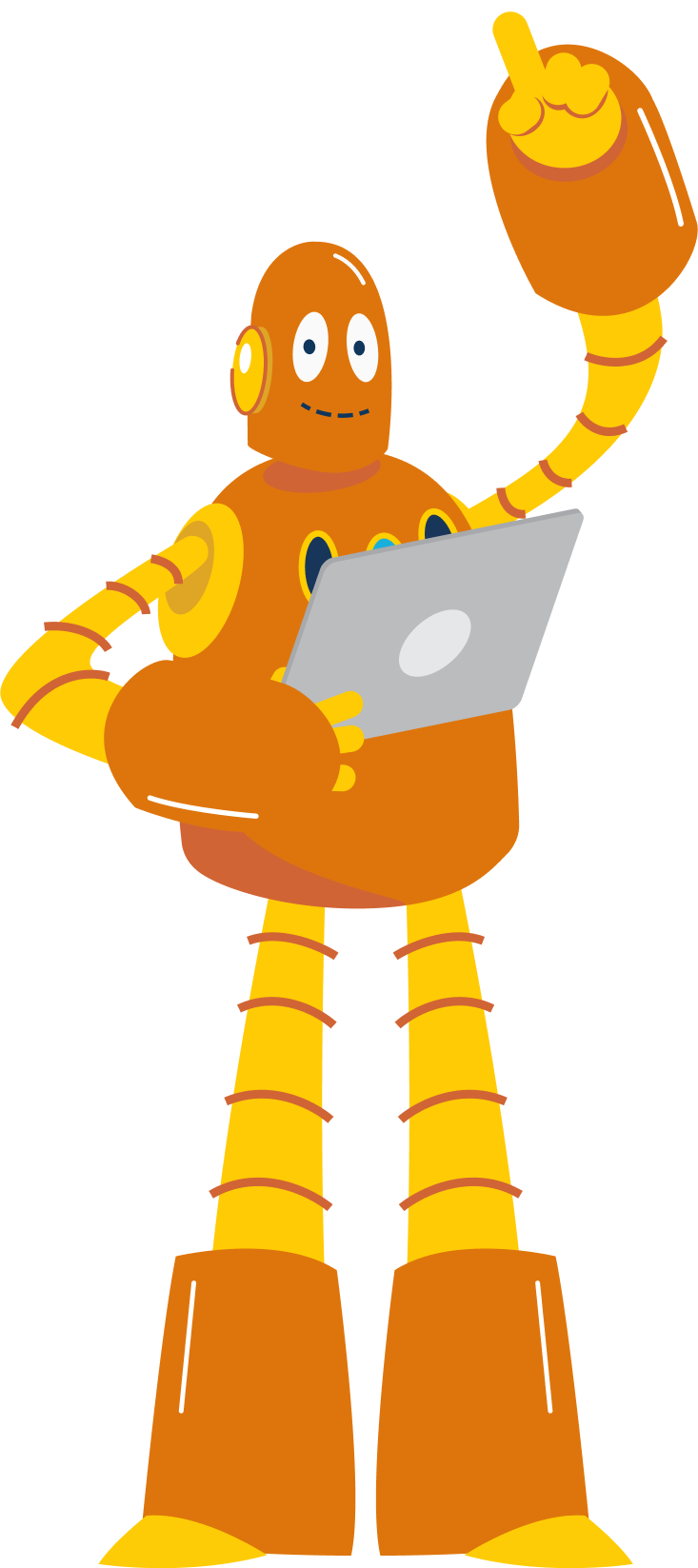 Moby, the orange robot, holding a computer
