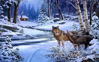 The cabin with wolves near by