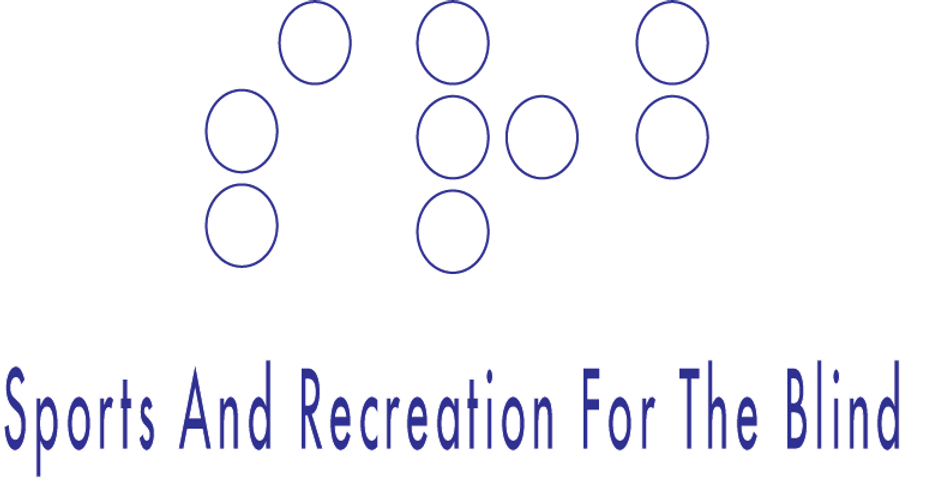 In the center of a rectangle the letters S R B written in braille with white braille dot and blue stroke. on the bottom of the rectangle the words Sports and Recreation for the Blind in blue with a white stroke around the letters.