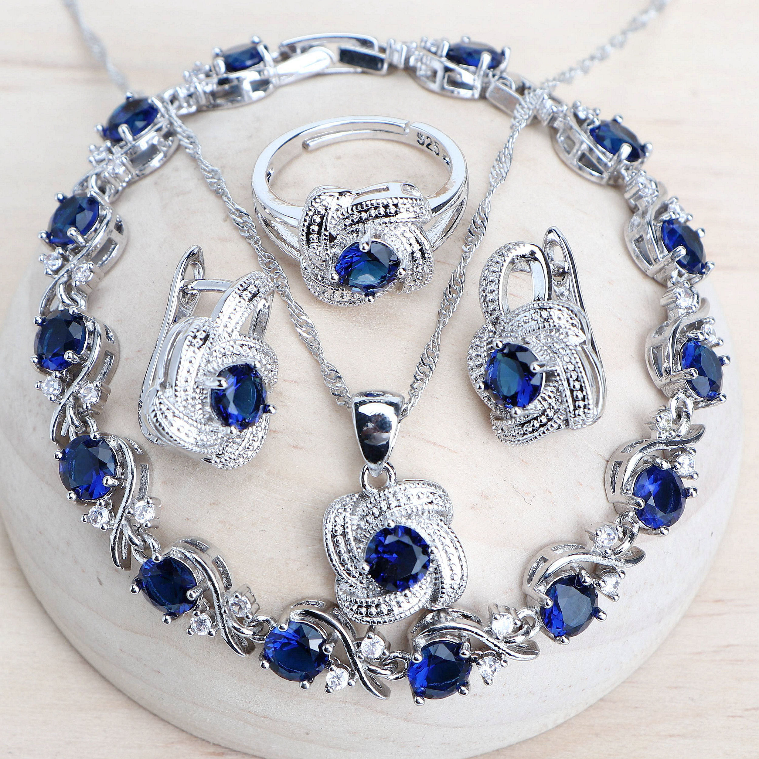 Blue Zirconia Women Jewelry Sets 925 Sterling Silver Wedding Bridal Costume Jewe