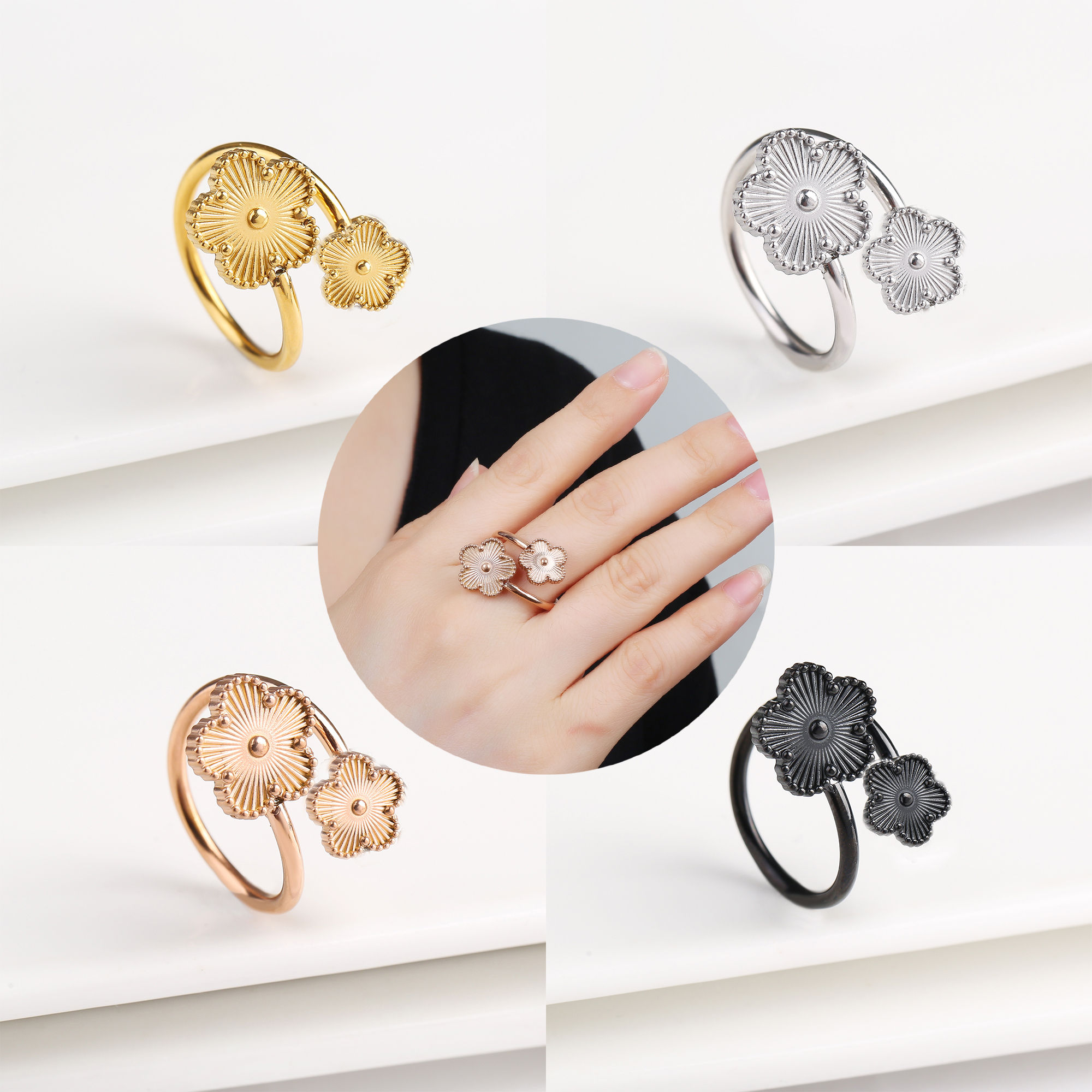 Classic Luxury Clover Metal Laser Stainless Steel Five Leaf Flower Open Ring Sim
