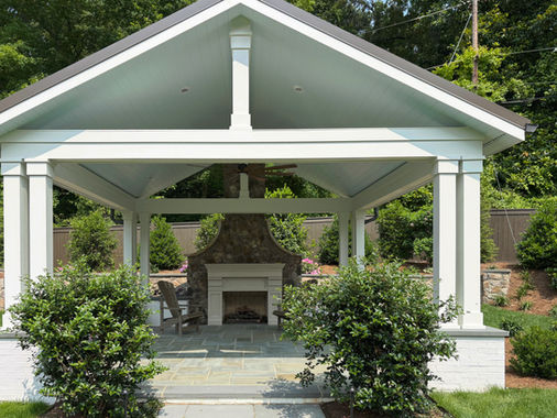 Outdoor living pavilion with fireplace