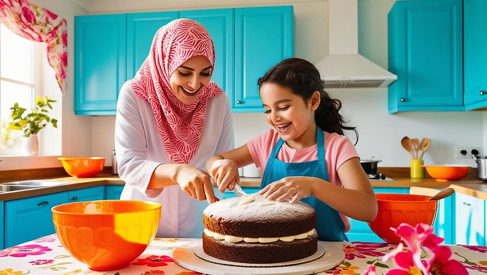 create a photo of a mother and her daughter baking something, while using the colors vivid