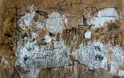 Calcinabstra_105x68cm_vernis_colle_kraft_brulé_collage_gesso_feutres_PC2017