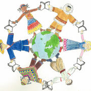 Sechs kinder stellen exemplarisch verschiedene Bevölkerungsgruppen dar, sie halten jeweils Bücher zwischen den Händen und bilden einen Kreis, mit den Füßen stehen sie auf der  Erdkugel in ihrer Mitte