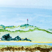 Aquarell mit der Ansicht von der Ostseeinsel Hiddensee mit dem Leuchtturm 