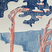 Windflüchter an einem Strand in blau und altrosa, Teil des Plakates »stürmisch - windstill«