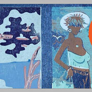 Holzschnitt zeigt rosa-brau-blaues Plakat zur Ausstellung »stürmisch windstill« mit Frank Eißner für den Sommer 2024 in der Papiermühle in Homburg am Main