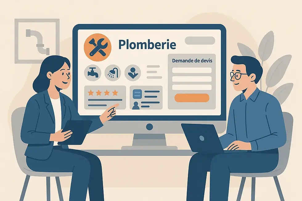 Deux professionnels analysant un site internet de plombier avec formulaire, services et avis clients.